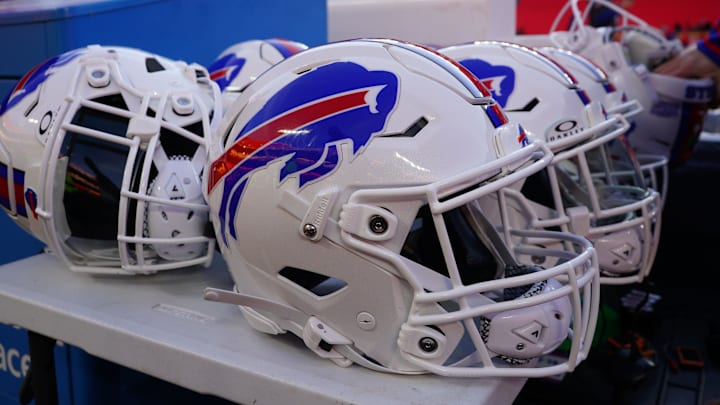 Jan 26, 2025; Kansas City, MO, USA; A detailed view of the Buffalo Bills helmet before the AFC Championship game against the Kansas City Chiefs at GEHA Field at Arrowhead Stadium. Mandatory Credit: Denny Medley-Imagn Images