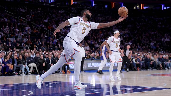 Oct 20, 2026; New York, New York, USA; New York Knicks center Andre Drummond (0) grabs a rebound against the Philadelphia 76ers during the fourth quarter at Madison Square Garden. Mandatory Credit: Brad Penner-Imagn Images Oct 20, 2026; New York, New York, USA; New York Knicks center Andre Drummond (0) grabs a rebound against the Philadelphia 76ers during the fourth quarter at Madison Square Garden. Mandatory Credit: Brad Penner-Imagn Images