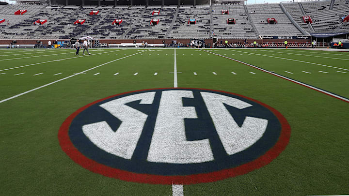 Sep 21, 2024; Oxford, Mississippi, USA; SEC logo on the field at Vaught-Hemingway Stadium before the game between the Georgia Southern Eagles and the Mississippi Rebels. Mandatory Credit: Petre Thomas-Imagn Images
