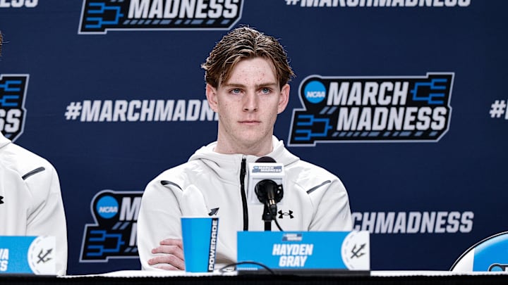 Mar 19, 2025; Denver, CO, USA; UC San Diego Tritons player Hayden Gray during a press conference at Ball Arena.