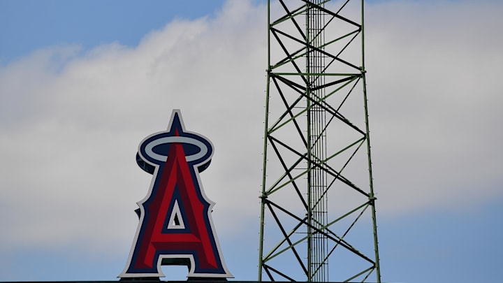 May 26, 2024; Anaheim, California, USA; Los Angeles Angels logo pictured at Angel Stadium. Mandatory Credit: Gary A. Vasquez-Imagn Images May 26, 2024; Anaheim, California, USA; Los Angeles Angels logo pictured at Angel Stadium. Mandatory Credit: Gary A. Vasquez-Imagn Images
