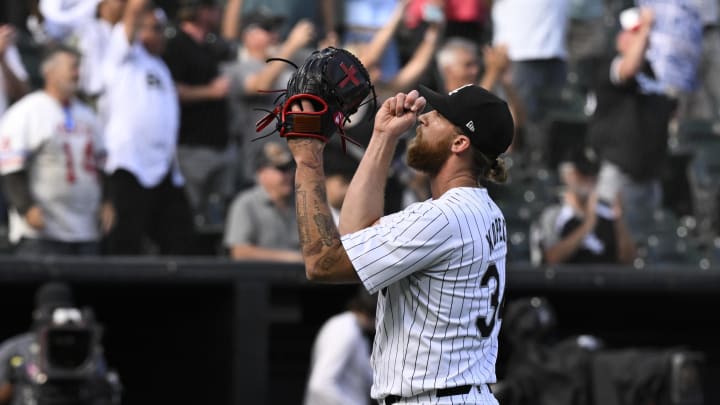 Jun 27, 2024; Chicago, Illinois, USA; Chicago White Sox pitcher Michael Kopech (34) reacts after the game against the Atlanta Braves at Guaranteed Rate Field. Mandatory Credit: Matt Marton-USA TODAY Sports