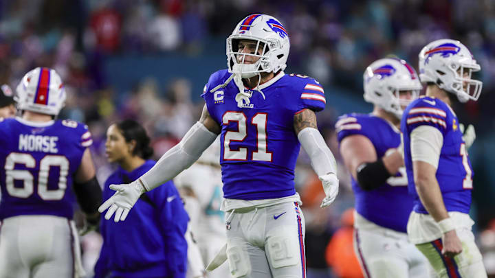 Jan 7, 2024; Miami Gardens, Florida, USA; Buffalo Bills safety Jordan Poyer (21) celebrates after the game against the Miami Dolphins at Hard Rock Stadium.
