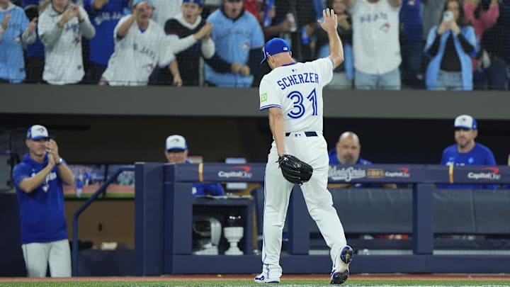 Nov 1, 2025; Toronto, Ontario, CAN; Toronto Blue Jays pitcher Max Scherzer (31) is relieved in the fifth inning against the Los Angeles Dodgers during game seven of the 2025 MLB World Series at Rogers Centre. Mandatory Credit: John E. Sokolowski-Imagn Images Nov 1, 2025; Toronto, Ontario, CAN; Toronto Blue Jays pitcher Max Scherzer (31) is relieved in the fifth inning against the Los Angeles Dodgers during game seven of the 2025 MLB World Series at Rogers Centre. Mandatory Credit: John E. Sokolowski-Imagn Images