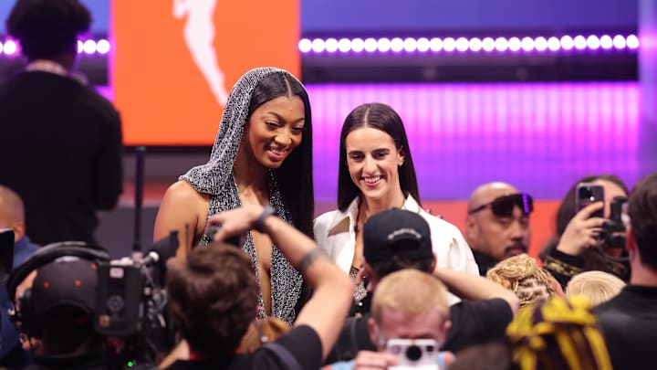 Apr 15, 2024; Brooklyn, NY, USA; Angel Reese and Caitlin Clark pose for photos before the 2024 WNBA