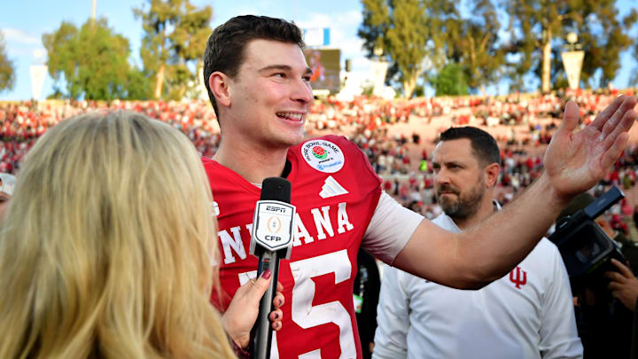 Indiana Hoosiers quarterback Fernando Mendoza (15) speaks to media on the field after defeating the Alabama Crimson Tide