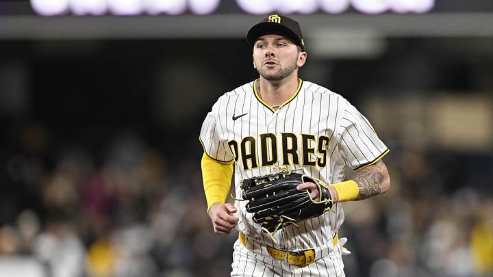 May 18, 2026; San Diego, California, USA; San Diego Padres center fielder Jackson Merrill (3) comes off the field after making a catch on a ball hit  by Los Angeles Dodgers third baseman Max Muncy (not pictured) during the seventh inning at Petco Park. Mandatory Credit: Denis Poroy-Imagn Images