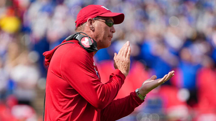 Sep 28, 2024; Kansas City, Missouri, USA; Kansas Jayhawks head coach Lance Leipold celebrates on field after scoring against the TCU Horned Frogs during the first half at GEHA Field at Arrowhead Stadium. Mandatory Credit: Denny Medley-Imagn Images