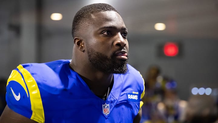 Jan 13, 2025; Glendale, AZ, USA; Los Angeles Rams linebacker Byron Young (0) against the Minnesota Vikings during an NFC wild card game at State Farm Stadium. Mandatory Credit: Mark J. Rebilas-Imagn Images