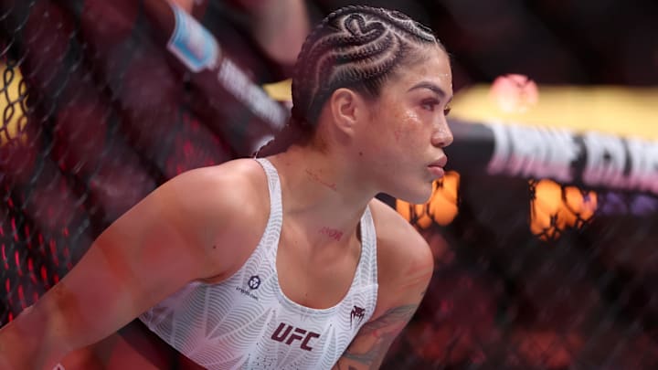 Tracy Cortez (blue gloves) looks on before her womens flyweight bout against Erin Blanchfield (not pictured during UFC 322 at Madison Square Garden.