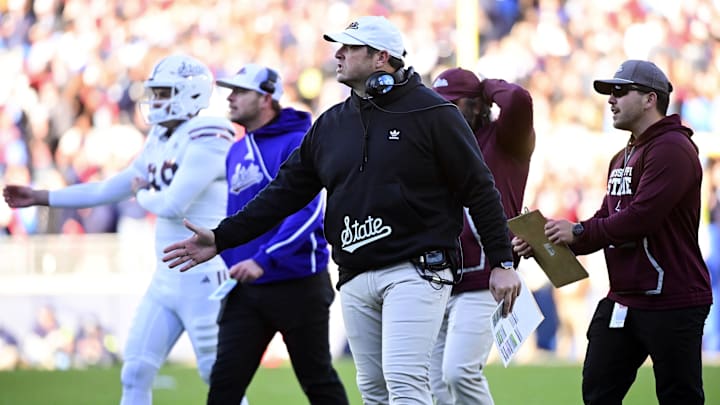 Mississippi State Bulldogs head coach Jeff Lebby reacts after a touchdown against the Mississippi Rebels at Vaught-Hemingway Stadium. Mississippi State Bulldogs head coach Jeff Lebby reacts after a touchdown against the Mississippi Rebels at Vaught-Hemingway Stadium.