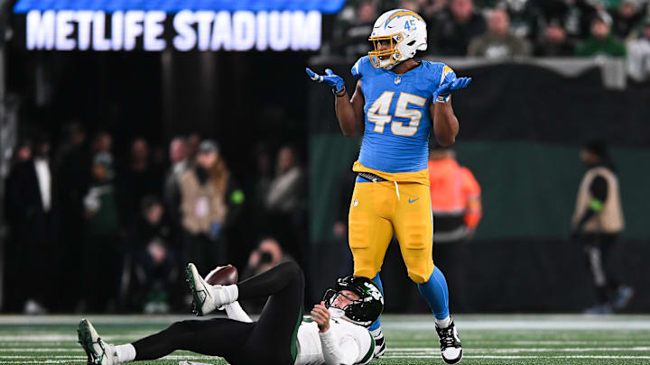 Los Angeles Chargers linebacker Tuli Tuipulotu celebrates after recording sack on New York Jets quarterback Zach Wilson during their match on Nov 6., 2023. The Chargers won 27-6.