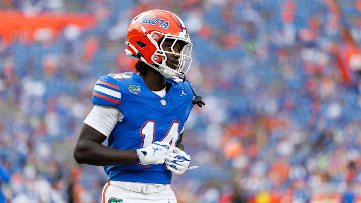 Aug 30, 2025; Gainesville, Florida, USA; Florida Gators wide receiver Muizz Tounkara (14) looks on before a game against the Long Island Sharks at Ben Hill Griffin Stadium. Mandatory Credit: Matt Pendleton-Imagn Images