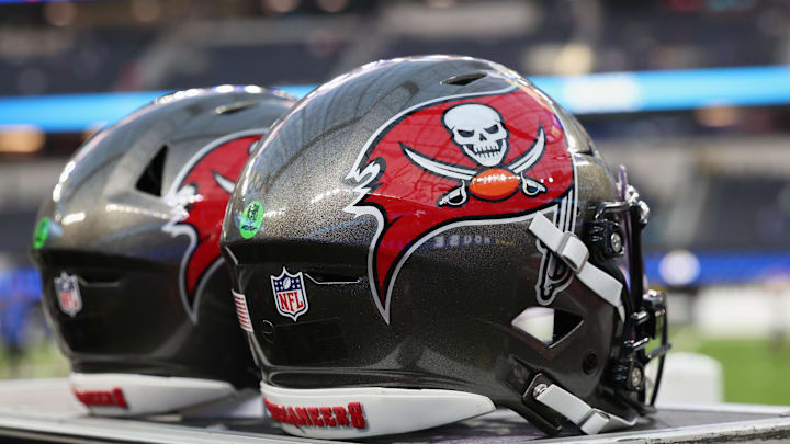 Nov 23, 2025; Inglewood, California, USA; Tampa Bay Buccaneers football helmets are seen on the sideline before the game against the Los Angeles Rams at SoFi Stadium. Mandatory Credit: Kiyoshi Mio-Imagn Images