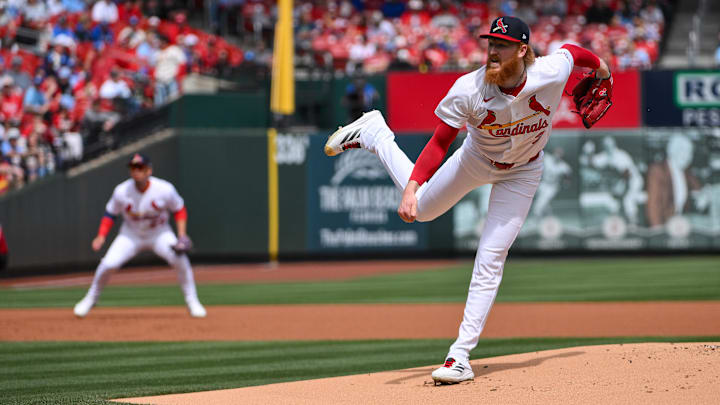 Mar 29, 2026; St. Louis, Missouri, USA; St. Louis Cardinals starting pitcher Dustin May (3) pitches against the Tampa Bay Rays during the first inning at Busch Stadium. Mandatory Credit: Jeff Curry-Imagn Images