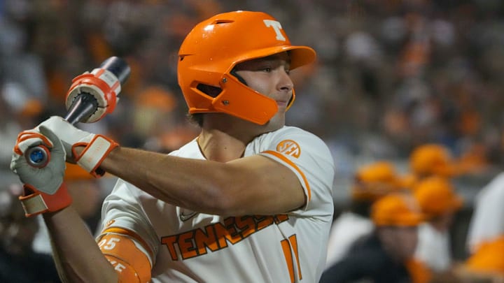 Tennessee's Andrew Fischer (11) gets ready to bat during the Tennessee Orange & White scrimmage baseball game at the Smokies Stadium in Kodak, Tenn., on Friday, November 8, 2024.
