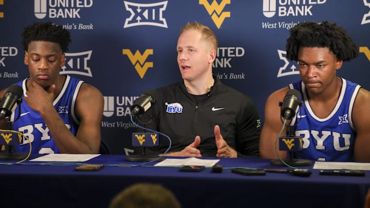 Feb 28, 2026; Morgantown, West Virginia, USA; BYU Cougars head coach Kevin Young answers questions from the media after being defeated by the West Virginia Mountaineers at Hope Coliseum. Mandatory Credit: Ben Queen-Imagn Images