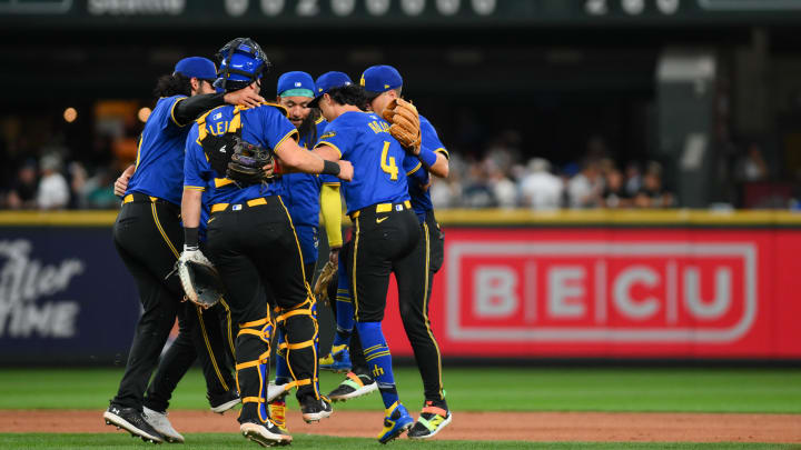 The Seattle Mariners celebrate defeating the Toronto Blue Jays at T-Mobile Park on July 5.