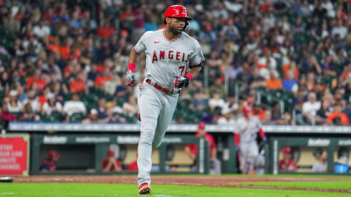 Sep 11, 2022; Houston, Texas, USA;  Los Angeles Angels left fielder Jo Adell (7) runs after a single