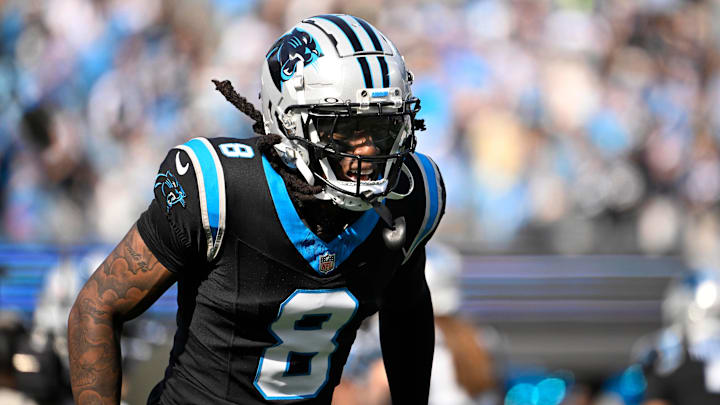 Nov 9, 2025; Charlotte, North Carolina, USA; Carolina Panthers cornerback Jaycee Horn (8) before the game at Bank of America Stadium. Mandatory Credit: Bob Donnan-Imagn Images