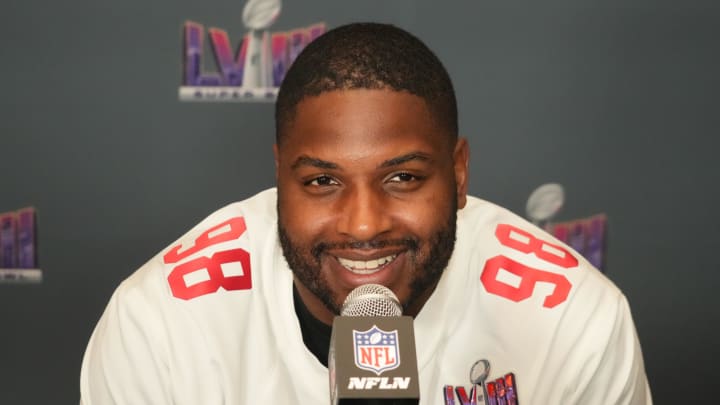 Feb 6, 2024; Las Vegas, NV, USA; San Francisco 49ers defensive tackle Javon Hargrave (98) during a press conference before Super Bowl LVIII at the Hilton Lake Las Vegas Resort. Mandatory Credit: Kirby Lee-USA TODAY Sports