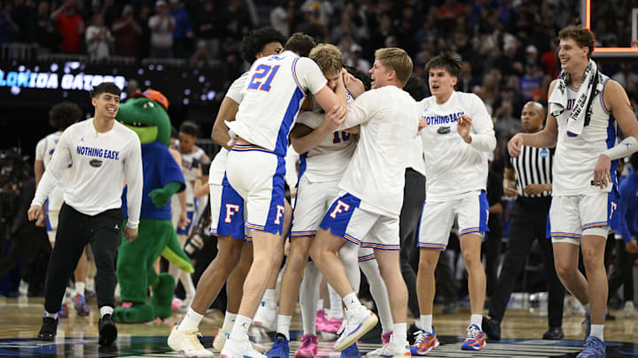 Mar 29, 2025; San Francisco, CA, USA; The Florida Gators celebrate defeating the Texas Tech Red Raiders during the West Regional final of the 2025 NCAA tournament at Chase Center. Mandatory Credit: Eakin Howard-Imagn Images Mar 29, 2025; San Francisco, CA, USA; The Florida Gators celebrate defeating the Texas Tech Red Raiders during the West Regional final of the 2025 NCAA tournament at Chase Center. Mandatory Credit: Eakin Howard-Imagn Images