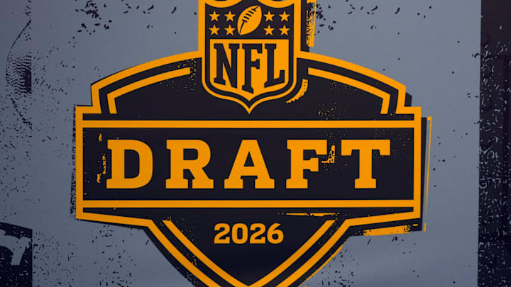 The 2026 NFL Draft logo at the Super Bowl LX Experience at the Moscone Center.