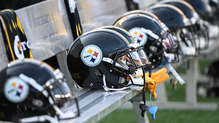 Aug 9, 2024; Pittsburgh, Pennsylvania, USA;  Pittsburgh Steelers helmets sit on the bench during the 3rd quarter against the Houston Texans at Acrisure Stadium. Mandatory Credit: Barry Reeger-Imagn Images