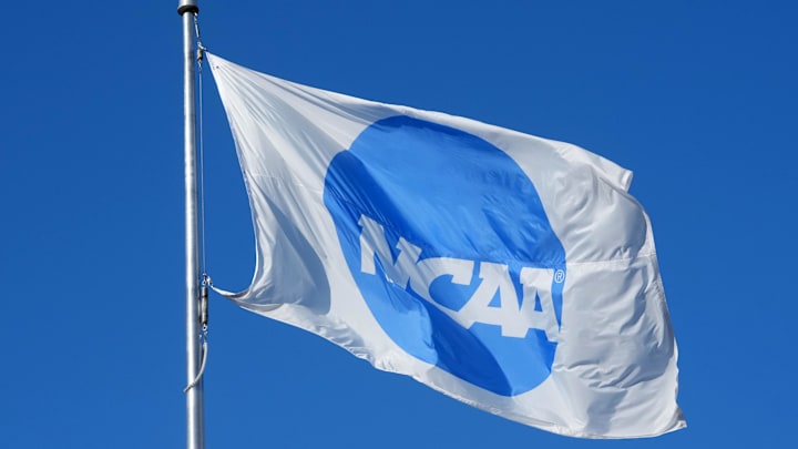 Jun 11, 2025; Eugene, OR, USA;A NCAA logo flag at the NCAA Track and Field Championships at Hayward Field. Mandatory Credit: Kirby Lee-Imagn Images