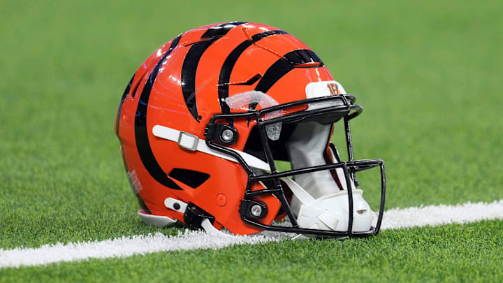 Nov 17, 2024; Inglewood, California, USA; A Cincinnati Bengals Riddell Speedflex helmet on the field at SoFi Stadium. Mandatory Credit: Kirby Lee-Imagn Images