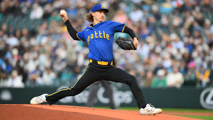 Seattle Mariners starting pitcher Bryce Miller throws during a game against the Texas Rangers on April 11 at T-Mobile Park. Seattle Mariners starting pitcher Bryce Miller throws during a game against the Texas Rangers on April 11 at T-Mobile Park.