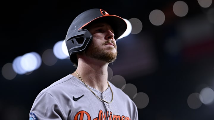 Jul 2, 2025; Arlington, Texas, USA; Baltimore Orioles first baseman Ryan O'Hearn (32) walks to the on deck circle during the game between the Texas Rangers and the Baltimore Orioles at Globe Life Field. Mandatory Credit: Jerome Miron-Imagn Images