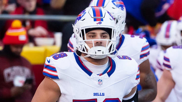 Jan 26, 2025; Kansas City, MO, USA; Buffalo Bills linebacker Matt Milano (58) against the Kansas City Chiefs during the AFC Championship game at GEHA Field at Arrowhead Stadium. Mandatory Credit: Mark J. Rebilas-Imagn Images