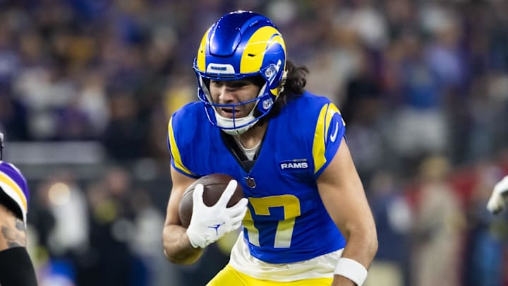 Jan 13, 2025; Glendale, AZ, USA; Los Angeles Rams wide receiver Puka Nacua (17) against the Minnesota Vikings during an NFC wild card game at State Farm Stadium. Mandatory Credit: Mark J. Rebilas-Imagn Images