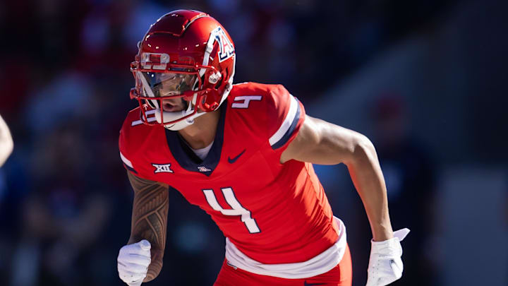 Nov 30, 2024; Tucson, Arizona, USA; Arizona Wildcats wide receiver Tetairoa McMillan (4) against the Arizona State Sun Devils during the Territorial Cup at Arizona Stadium. Mandatory Credit: Mark J. Rebilas-Imagn Images Nov 30, 2024; Tucson, Arizona, USA; Arizona Wildcats wide receiver Tetairoa McMillan (4) against the Arizona State Sun Devils during the Territorial Cup at Arizona Stadium. Mandatory Credit: Mark J. Rebilas-Imagn Images