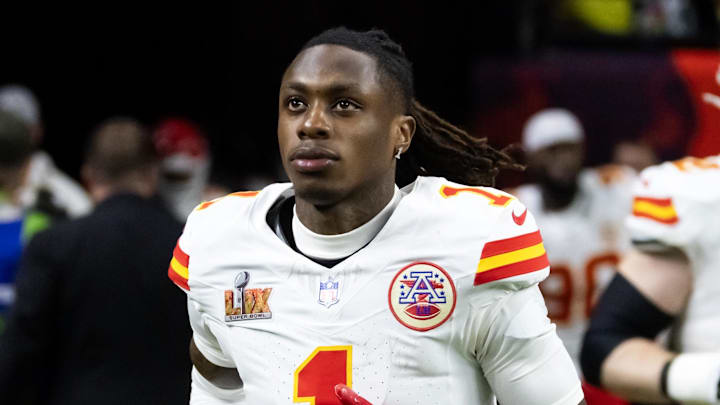 Feb 9, 2025; New Orleans, LA, USA;  Kansas City Chiefs wide receiver Xavier Worthy (1) against the Philadelphia Eagles in Super Bowl LIX at Ceasars Superdome. Mandatory Credit: Mark J. Rebilas-Imagn Images