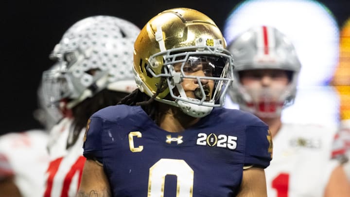 Jan 20, 2025; Atlanta, GA, USA; Notre Dame Fighting Irish safety Xavier Watts (0) against the Ohio State Buckeyes during the CFP National Championship college football game at Mercedes-Benz Stadium. Mandatory Credit: Mark J. Rebilas-Imagn Images