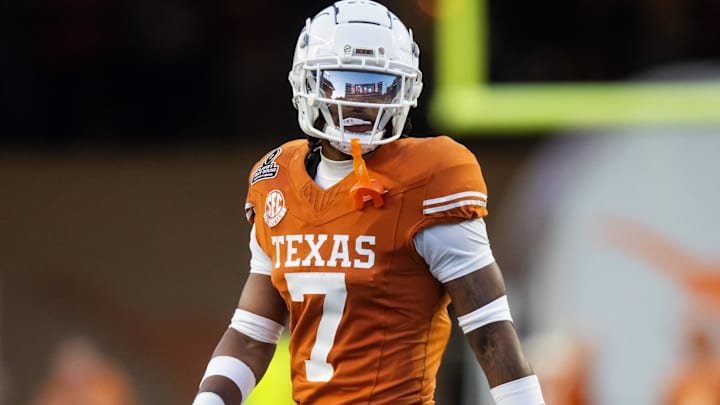 Dec 21, 2024; Austin, Texas, USA; Texas Longhorns defensive back Jahdae Barron (7) against the Clemson Tigers during the CFP National playoff first round at Darrell K Royal-Texas Memorial Stadium. Mandatory Credit: Mark J. Rebilas-Imagn Images