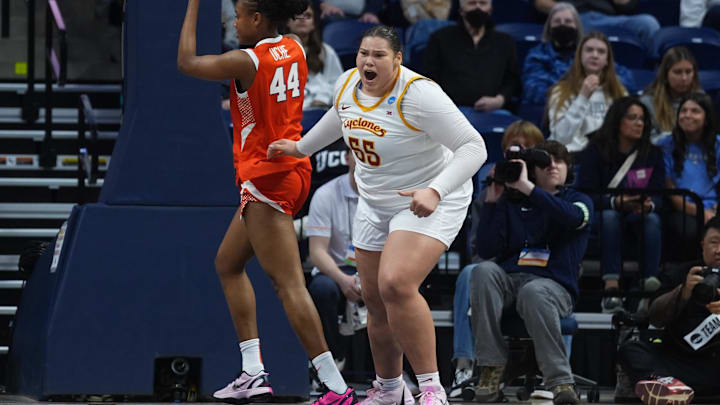 Mar 21, 2026; Storrs, CT, USA; Iowa State Cyclones center Audi Crooks (55) reacts after her basket against Syracuse Orange center Uche Izoje (44) in the first half at Harry A. Gampel Pavilion. Mandatory Credit: David Butler II-Imagn Images Mar 21, 2026; Storrs, CT, USA; Iowa State Cyclones center Audi Crooks (55) reacts after her basket against Syracuse Orange center Uche Izoje (44) in the first half at Harry A. Gampel Pavilion. Mandatory Credit: David Butler II-Imagn Images