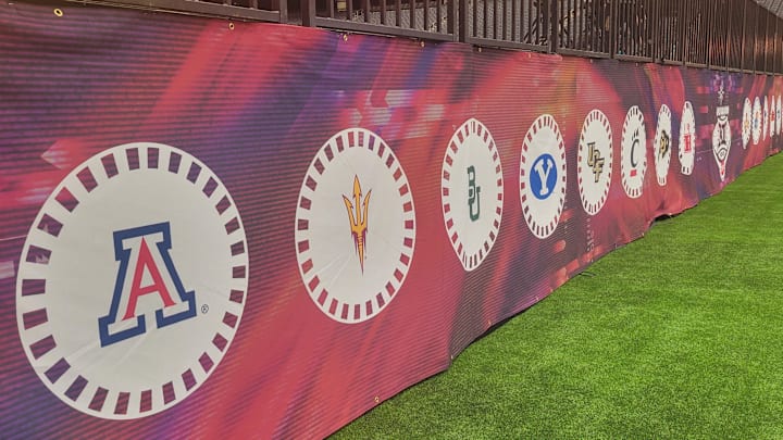 The Big 12 school's logos on display at the Big 12 Conference's Media Day on July 10, 2024.