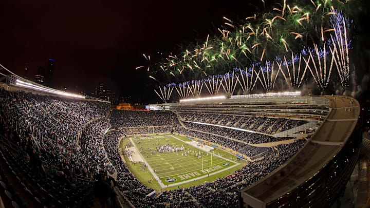 Oct. 6, 2012; Chicago, IL, USA; Fireworks explode over Soldier Field after the Notre Dame Fighting Irish defeated the Miami Hurricanes 41-3. 