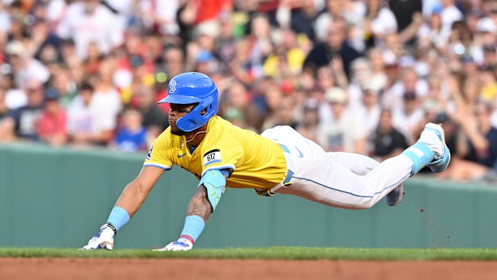 Apr 19, 2025; Boston, Massachusetts, USA; Boston Red Sox center fielder Ceddanne Rafaela (3) slides into second base against the Chicago White Sox during the fifth inning at Fenway Park. Mandatory Credit: Eric Canha-Imagn Images