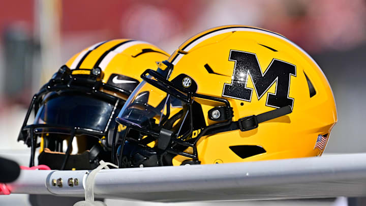 Oct 12, 2024; Amherst, Massachusetts, USA; Missouri Tigers helmets rest on game day game day equipment during the first half against the Massachusetts Minutemen at Warren McGuirk Alumni Stadium. Mandatory Credit: Eric Canha-Imagn Images
