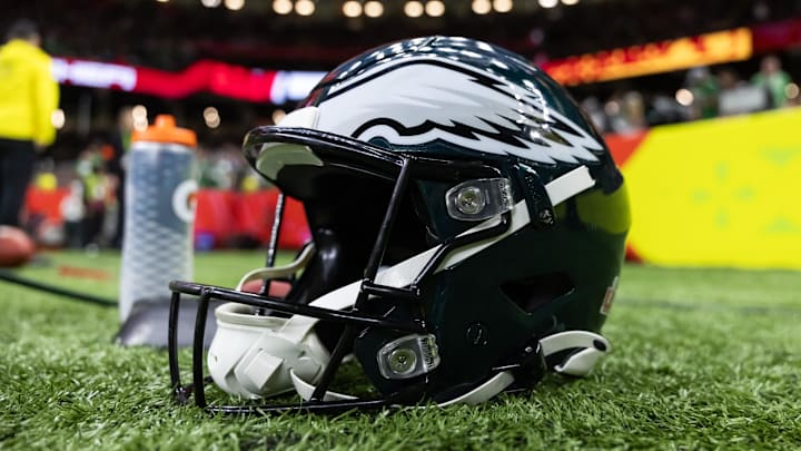 Feb 9, 2025; New Orleans, LA, USA; Detailed view of a Philadelphia Eagles helmet during Super Bowl LIX at Ceasars Superdome. Mandatory Credit: Mark J. Rebilas-Imagn Images