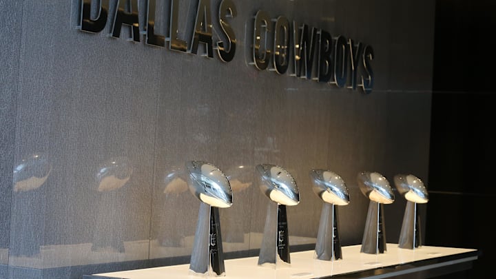Five Vince Lombardi trophies won by the Dallas Cowboys sit in the lobby at Dallas Cowboys headquarters at The Star. 