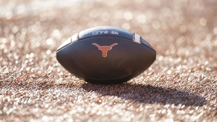 Dec 21, 2024; Austin, Texas, USA; Detailed view of a Texas Longhorns logo on an official NCAA football on the field during the CFP National playoff first round at Darrell K Royal-Texas Memorial Stadium. Mandatory Credit: Mark J. Rebilas-Imagn Images Dec 21, 2024; Austin, Texas, USA; Detailed view of a Texas Longhorns logo on an official NCAA football on the field during the CFP National playoff first round at Darrell K Royal-Texas Memorial Stadium. Mandatory Credit: Mark J. Rebilas-Imagn Images