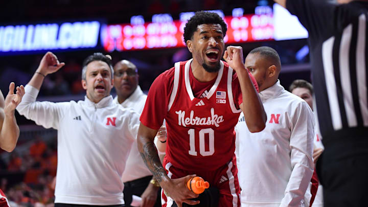 Dec 13, 2025; Champaign, Illinois, USA;  Nebraska Cornhuskers guard Jamarques Lawrence (10) reacts to a call during the first half against the Illinois Fighting Illini at State Farm Center. Mandatory Credit: Ron Johnson-Imagn Images