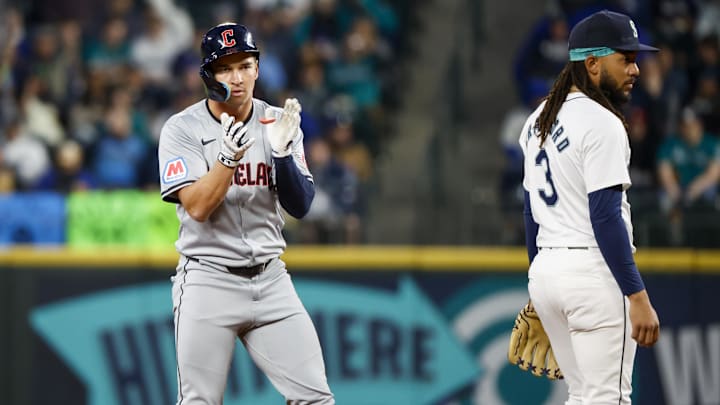 Apr 2, 2024; Seattle, Washington, USA; Cleveland Guardians right fielder Will Brennan (17) reacts after reaching second base on a fielding error by Seattle Mariners right fielder Mitch Haniger (17, not pictured) during the fourth inning at T-Mobile Park. Cleveland scored a run on the play. Mandatory Credit: Joe Nicholson-USA TODAY Sports Apr 2, 2024; Seattle, Washington, USA; Cleveland Guardians right fielder Will Brennan (17) reacts after reaching second base on a fielding error by Seattle Mariners right fielder Mitch Haniger (17, not pictured) during the fourth inning at T-Mobile Park. Cleveland scored a run on the play. Mandatory Credit: Joe Nicholson-USA TODAY Sports