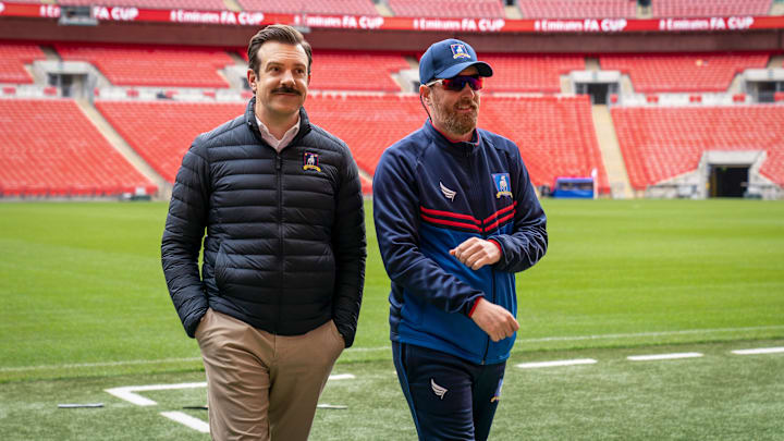 Jason Sudeikis and Brendan Hunt in “Ted Lasso” season two, now streaming on Apple TV+.
