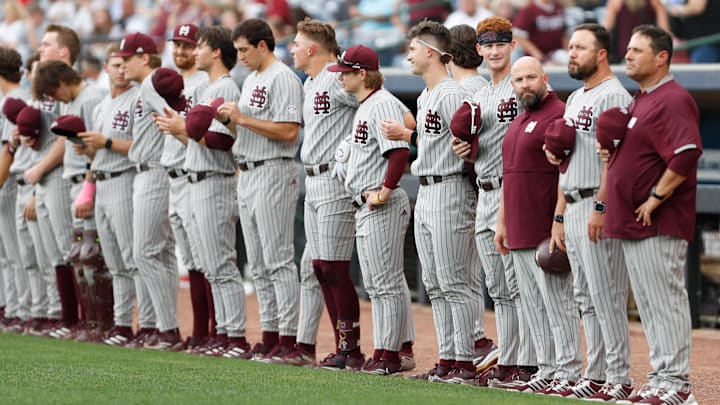 The Mississippi State University baseball team lines up for the National Anthem before they play the University of Mississippi in the annual Governor's Cup at Trustmark Park in Pearl, Miss., on April 22, 2025.